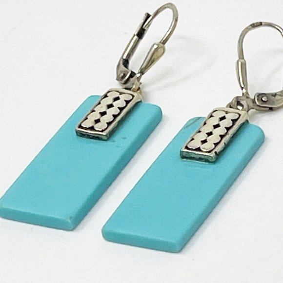 Vintage 925 Sterling Silver Block Turquoise Rectangle Dangle/Drop Pierced - Picture 3 of 7